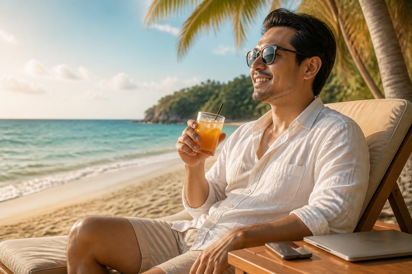 Relaxed trader enjoying juice on the beach while BacktestPilot runs backtests automatically
