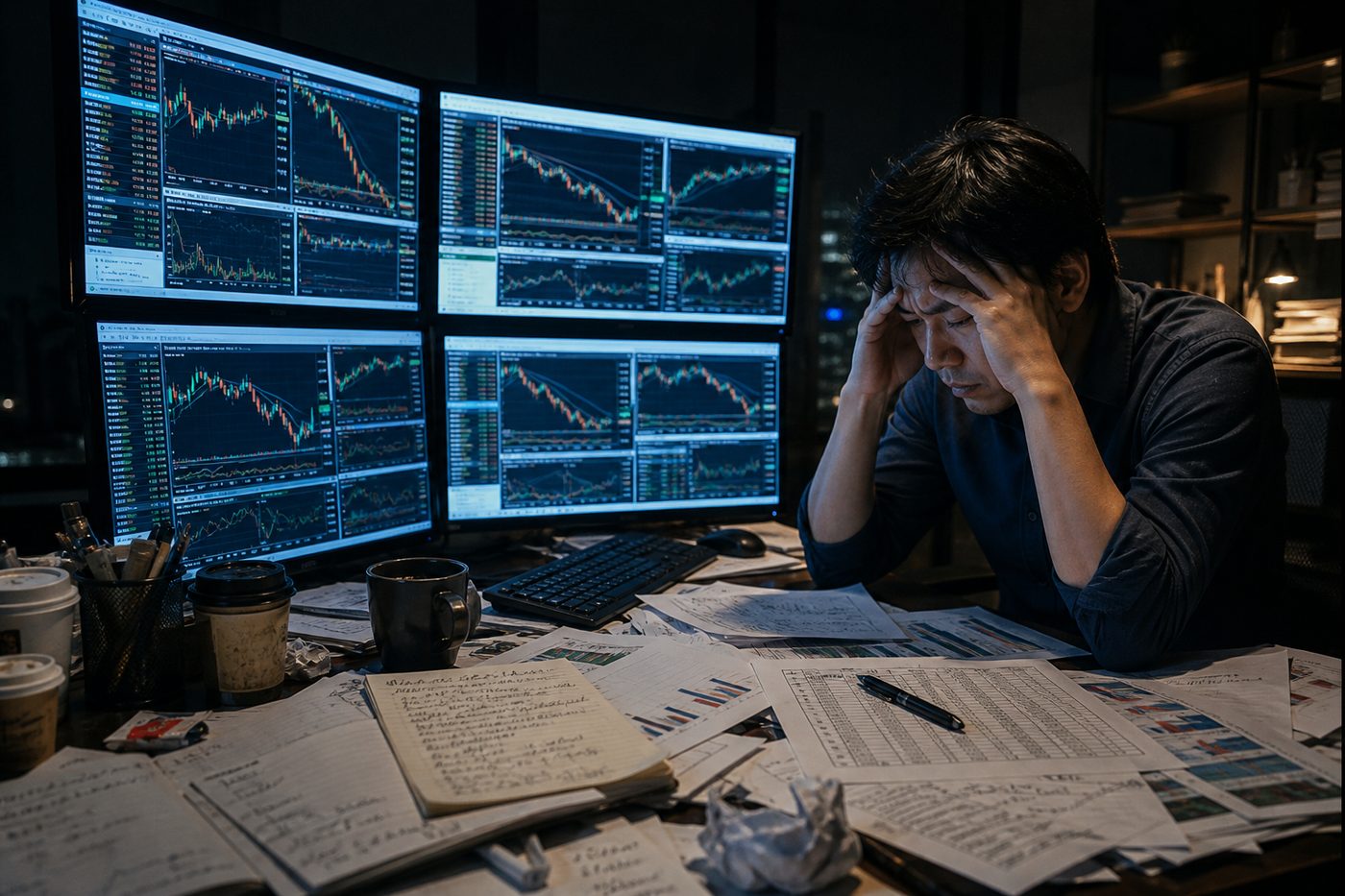 Stressed trader opening and closing MT4 terminals and copying backtest results into Excel day and night